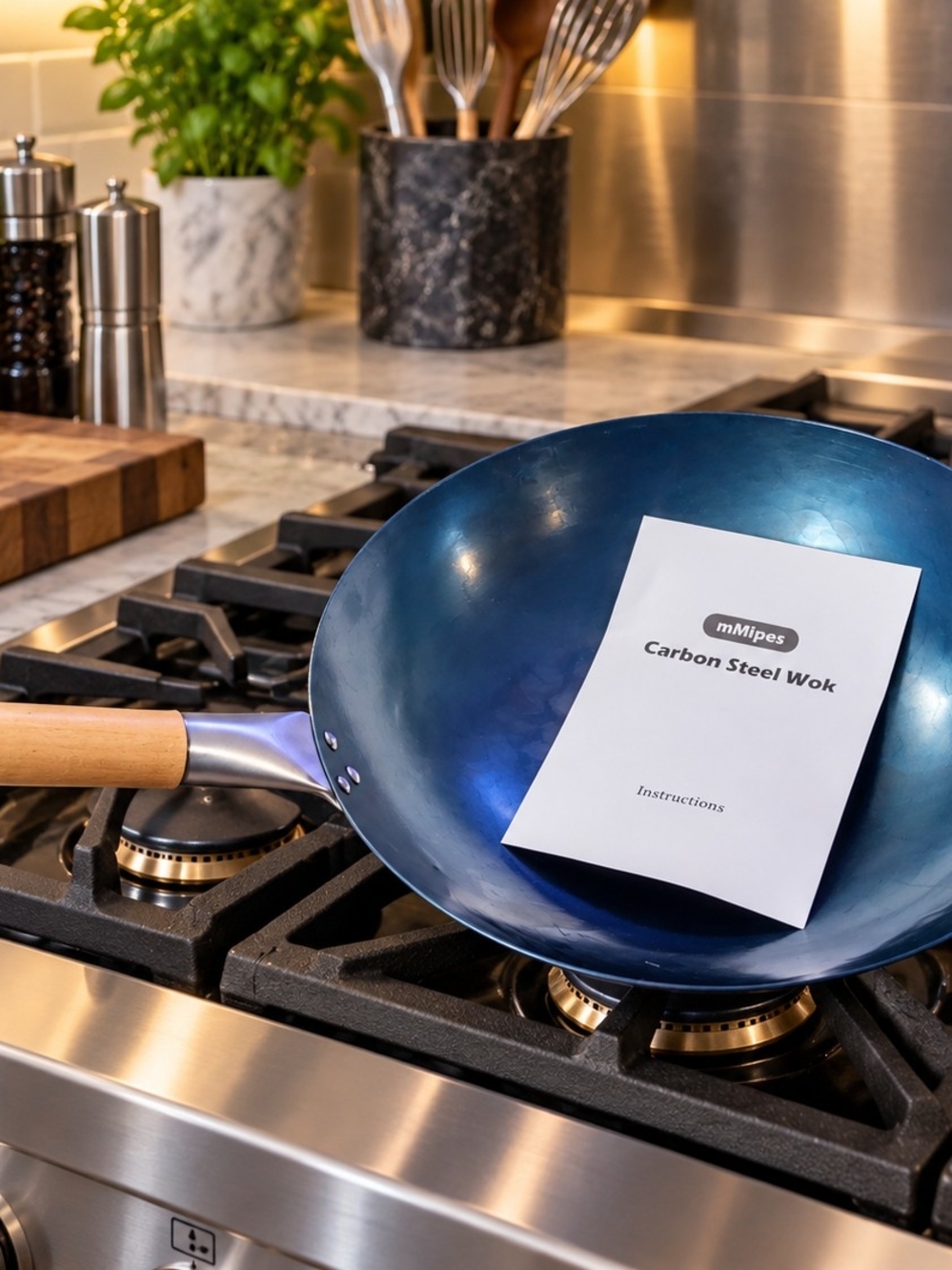 Blue Carbon Steel Wok with Wood Handle - 13.5"